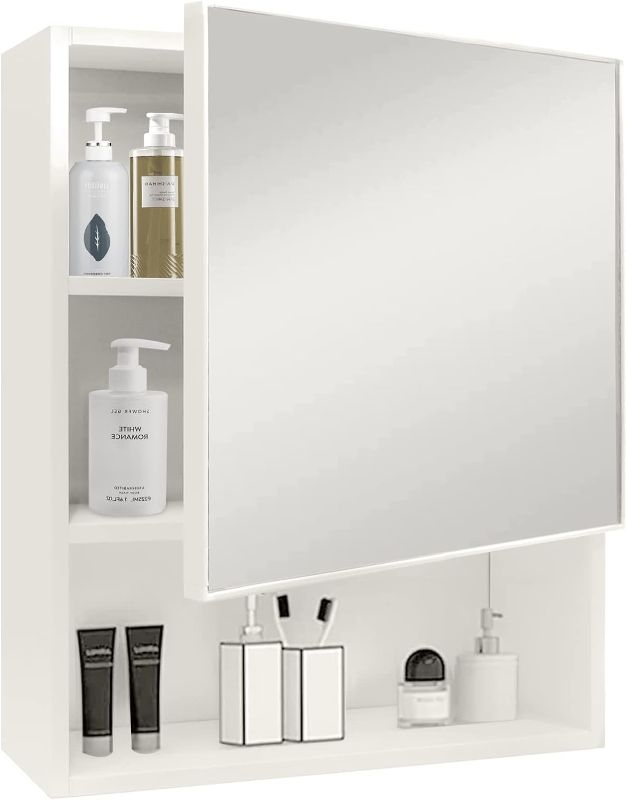 Photo 1 of YEPOTUE Mirrored Medicine Cabinet, 23.6" x19.6 Black Bathroom Medicine Cabinet Wall Mounted Space Aluminum Storage, Water, and Rust Resistant, Surface Mount 1 White