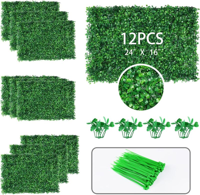 Photo 1 of 12PCS Artificial Boxwood Grass Wall Panels for 31 SQ Feet, 24" x 16" Faux Hedge Grass Backdrop Wall Privacy Fence UV Protection for Indoor, Wedding, Party, Outdoor Garden, Backyard Fence Decoration 12Pcs 24"x 16"