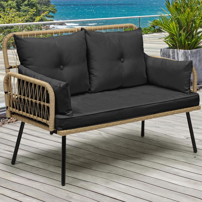 Photo 1 of YITAHOME Patio Furniture Wicker Outdoor Loveseat, All-Weather Rattan Conversation for Backyard, Balcony and Deck with Soft Cushions (Light Brown+Black)

