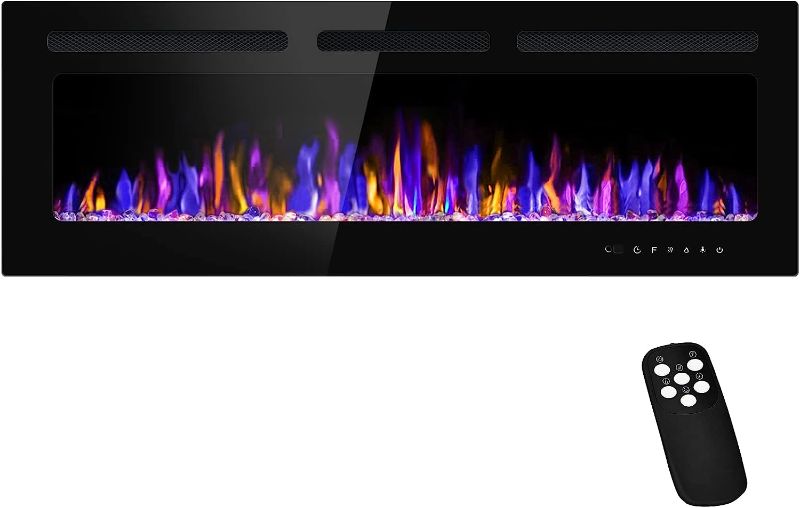 Photo 1 of 50" Electric Fireplace Wall Mounted and Recessed with Remote Control, 750/1500W Ultra-Thin Wall Fireplace Heater W/Timer Adjustable Flame Color and Brightness, Log Set & Crystal Options
