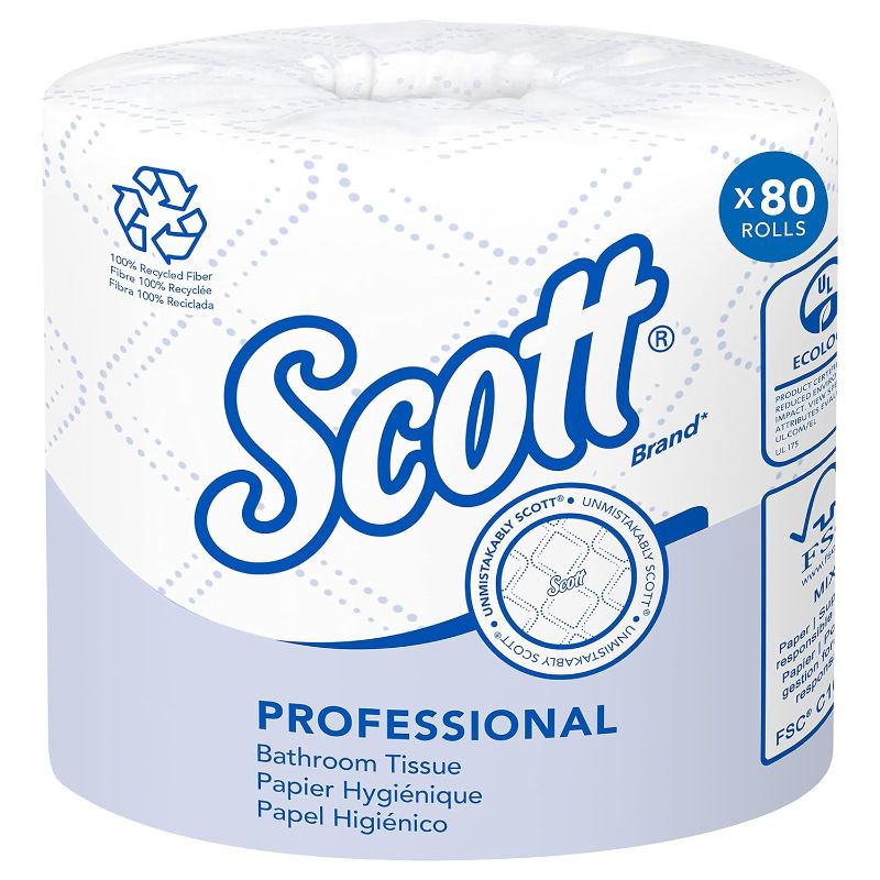 Photo 1 of Scott® Professional 100% Recycled Fiber Standard Roll Toilet Paper, Bulk (13217), with Elevated Design, 2-Ply, White, Individually wrapped rolls (473 Sheets/Roll, 80 Rolls/Case, 37,840 Sheets/Case)
