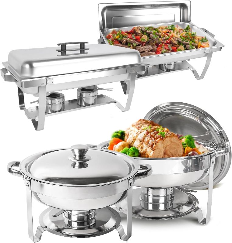 Photo 1 of Chafing Dish Buffet Set 4 Pack, 8 QT Rectangle & 5QT Round Stainless Steel Chafer for Catering, Chafers and Buffet Warmer Sets w/Food & Water Pan, Lid, Fuel Holder for Event Party Holiday
