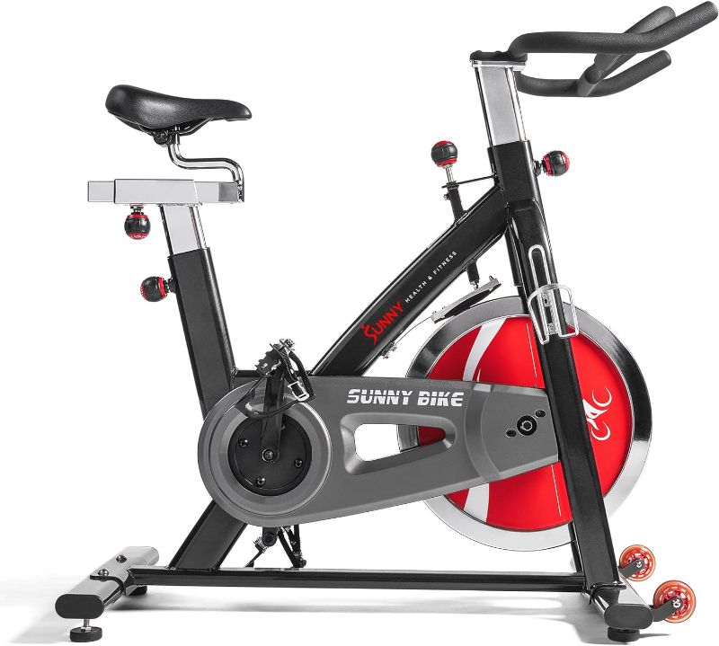 Photo 1 of Sunny Health & Fitness Indoor Stationary Cycling Exercise Bike, Cardio Workout for Home, Digital Monitor, Pulse Sensor, with Optional Cadence Sensor and SunnyFit App Enhanced Bluetooth Connectivity

