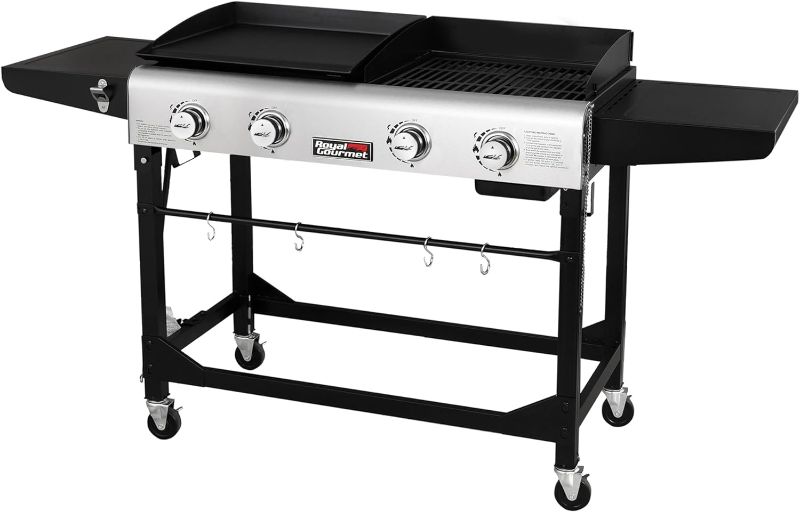 Photo 1 of Royal Gourmet 4-Burner Portable Flat Top Gas Grill and Griddle Combo Grill with Folding Legs, Black & Silver
