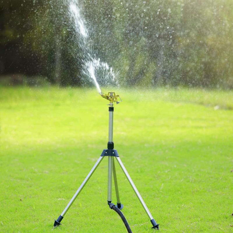 Photo 1 of Impact Sprinkler on Tripod Base, 360 Degree Large Area Sprinklers for Yard, Suitable for Agriculture, Lawn Sprinkler, Heavy Duty Brass Sprinkler Head and Adjustable 22–36 inch Tripod, 1 Pack
