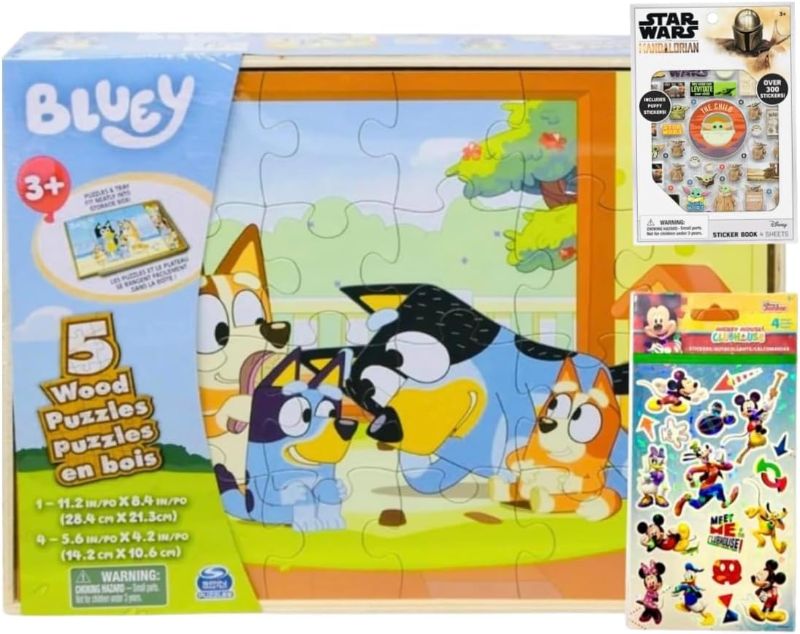 Photo 1 of Bluey 5 Wood Puzzles with Storage Box, 72 Exclusive Mickey Mouse Clubhouse Stickers and Star wars 300+ Stickers set for Kids - Ages 3 and Up
