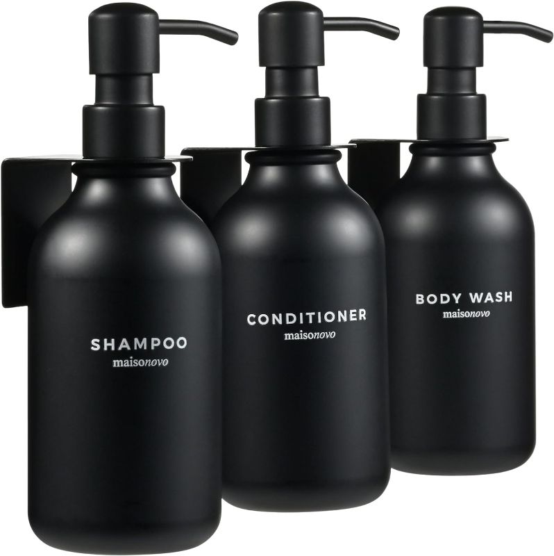 Photo 1 of MaisoNovo Shampoo and Conditioner Dispenser with Wall Mounts | Set of 3 Black Plastic Bottles Black Pump
