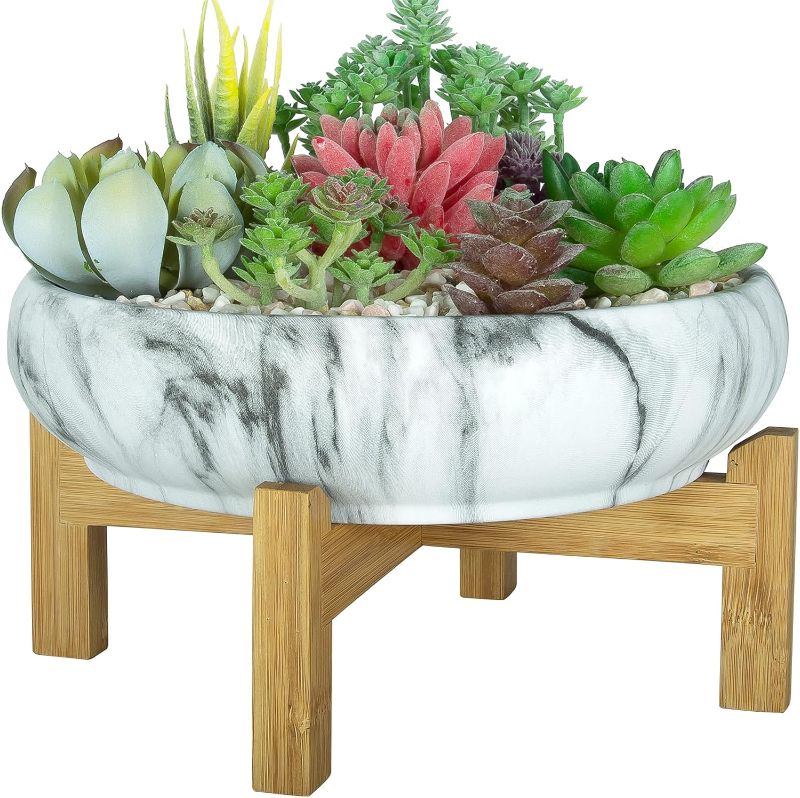 Photo 1 of ARTKETTY Succulent Pot, Large Succulent Planter Pot with Drainage Round Marble Bonsai Pot with Bamboo Stand, Ceramic Pots for Cactus Plants Decorative Flower Planter Bowl for Home Office
