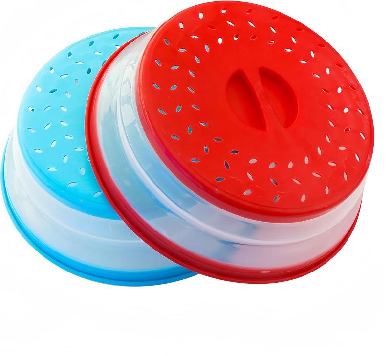 Photo 1 of Pack of 2, Collapsible Microwave Food Cover BPA free TPR, 10.5inch, round with grip handle RED+BLUE…
