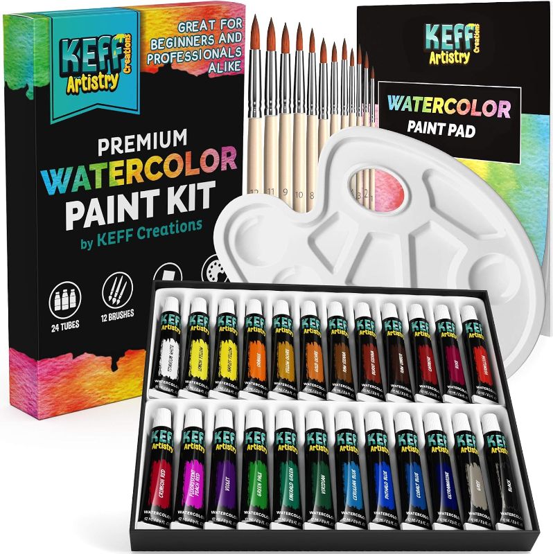 Photo 1 of KEFF Watercolor Paint Set for Adults and Kids - 24 Water Colors Paint Tubes, Brushes, Pad & Palette - Painting Supplies Kit for Professional Artists & Beginners
