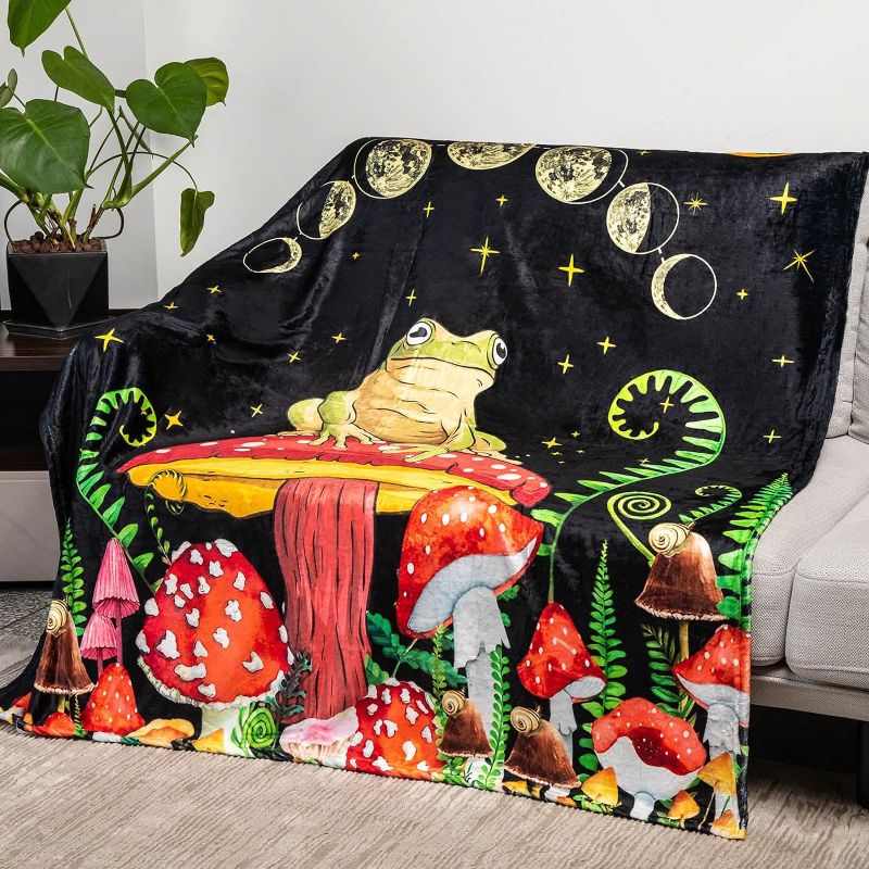 Photo 1 of Frog Blanket Mushroom Throw Blanket Night Darkness Moon Star Flannel Plush Blanket for Bed Couch Sofa Chair 60" X 50“ (6021)
