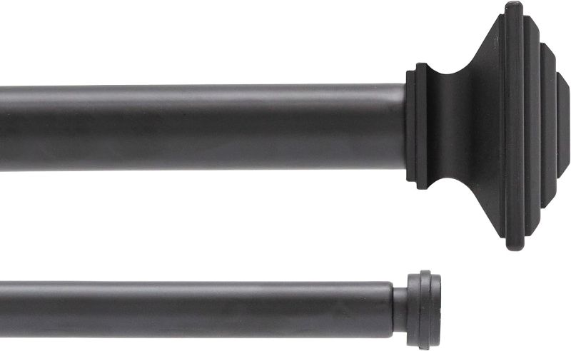 Photo 1 of Kenney KN85991 Mission Step Square End Premium Decorative Window Double Curtain Rod, 66-120" Adjustable Length, Black Finish, 1" Diameter Steel Tube
