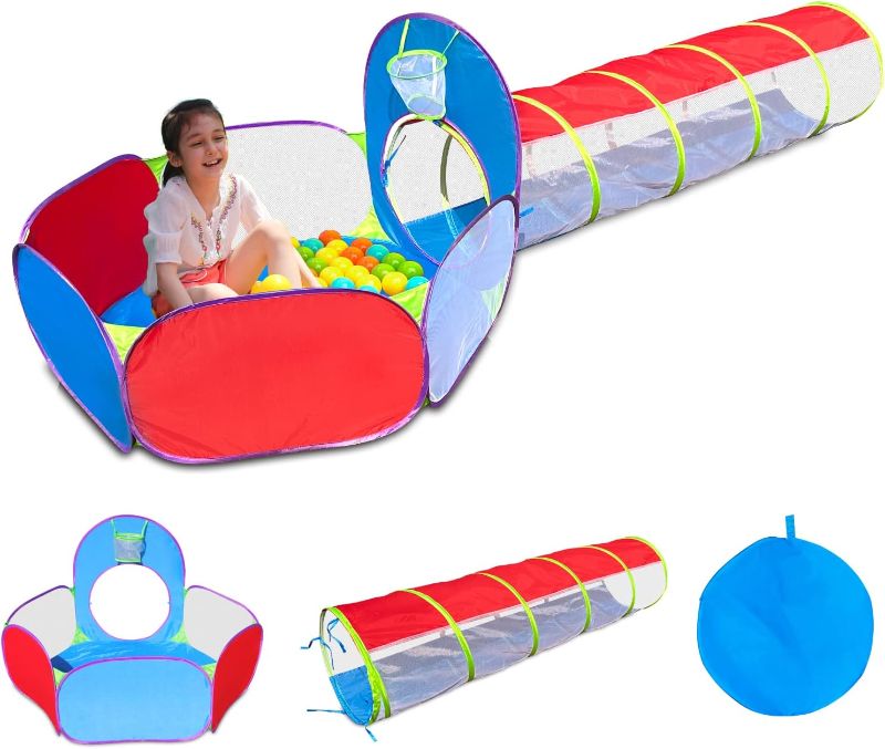 Photo 1 of 2 in 1 Pop Up Play Tent and Tunnel, Fun Playhouse for Indoor/Outdoor, Ball Pit for Kids, Boys, Girls, Toddlers