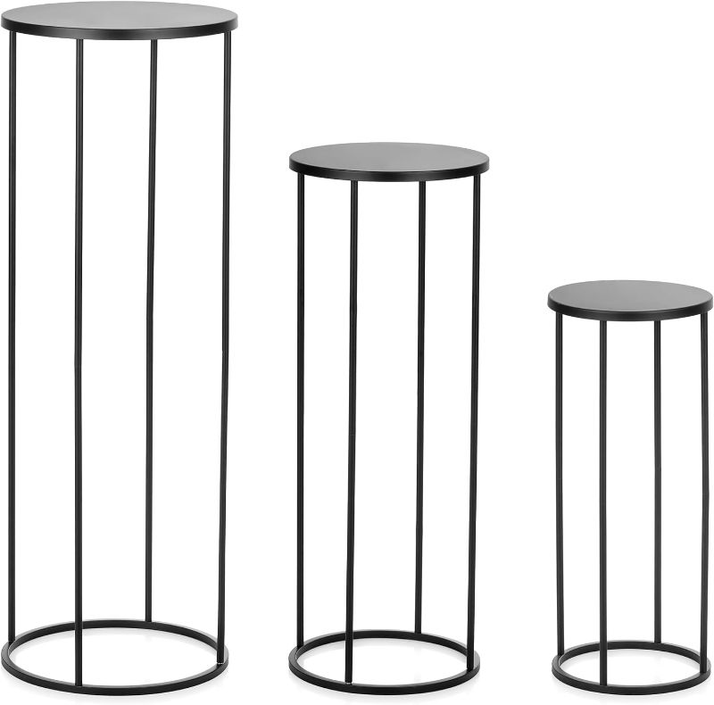 Photo 1 of Sziqiqi Black Metal Flower Stand for Wedding Table - Floor Vase Stands for Road Leads Tall Column Tabletop Centerpiece for Party Birthday New Opening Home Living Room Decoration 3pcs
