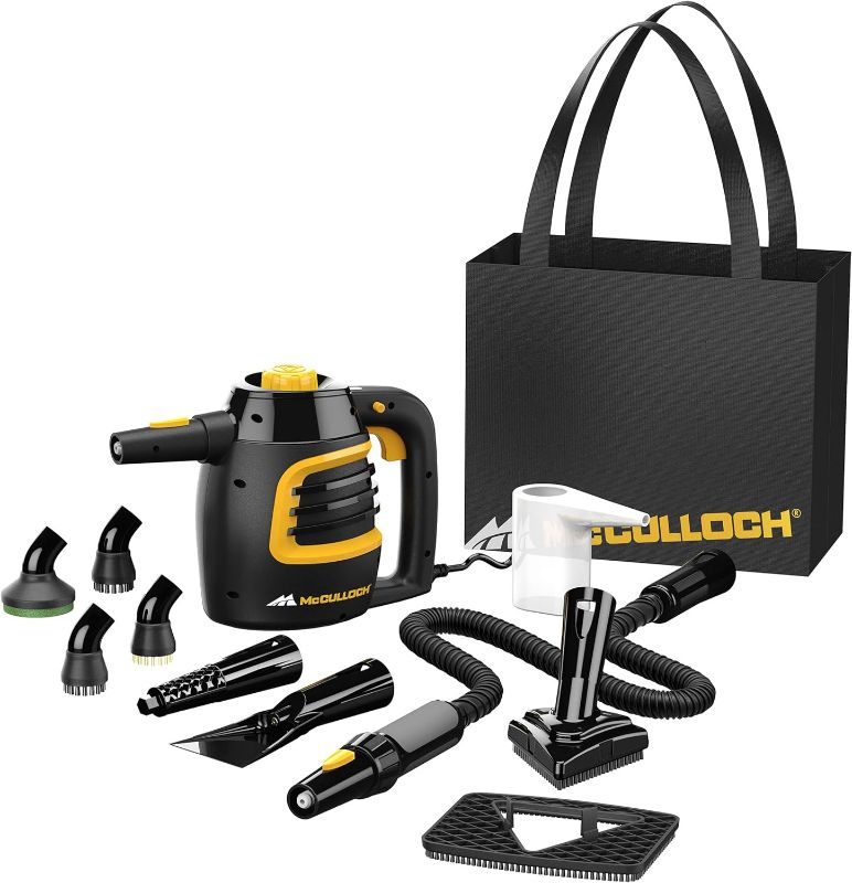 Photo 1 of McCulloch MC1230 Handheld Steam Cleaner with Extension Hose,Quick heat-up time, 11-Piece Accessory Set, Chemical-Free Cleaning for Tile, Black
