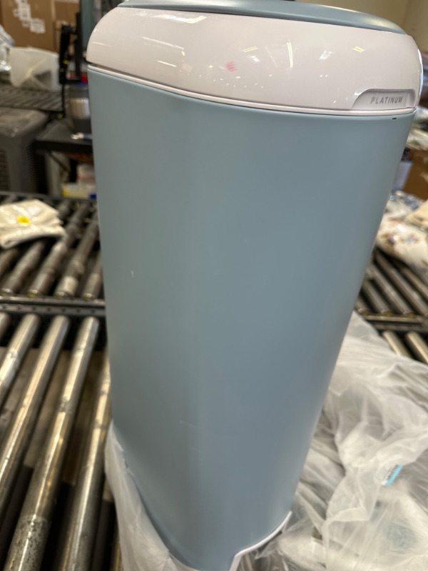 Photo 2 of Diaper Genie Platinum Pail (Glacial Blue) is Made in Durable Stainless Steel and Includes 1 Easy Roll Refill with 18 Bags That can Last up to 5 Months.