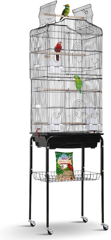 Photo 1 of HCY Open Top Standing Bird Cage 64 Inch with Rolling Stand for Parakeets Cockatiel Parrots Lovebirds Medium Small Bird Cage-Black, L18 * W14 * H62 inches
