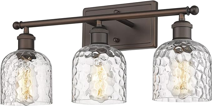 Photo 1 of zeyu 3-Light Farmhouse Vanity Light Over Mirror, 21-inch Bathroom Light Fixtures with Hammered Glass Lampshade, Oil Rubbed Bronze Finish, ZJF63B-3W ORB
