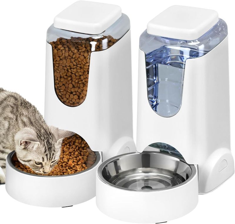 Photo 1 of 2 Pack Automatic Cat Feeder and Water Dispenser with Stainless Steel Dog Bowl Gravity Self Feeding for Small Medium Pets Puppy Kitten 1 Gallon x 2 (White)