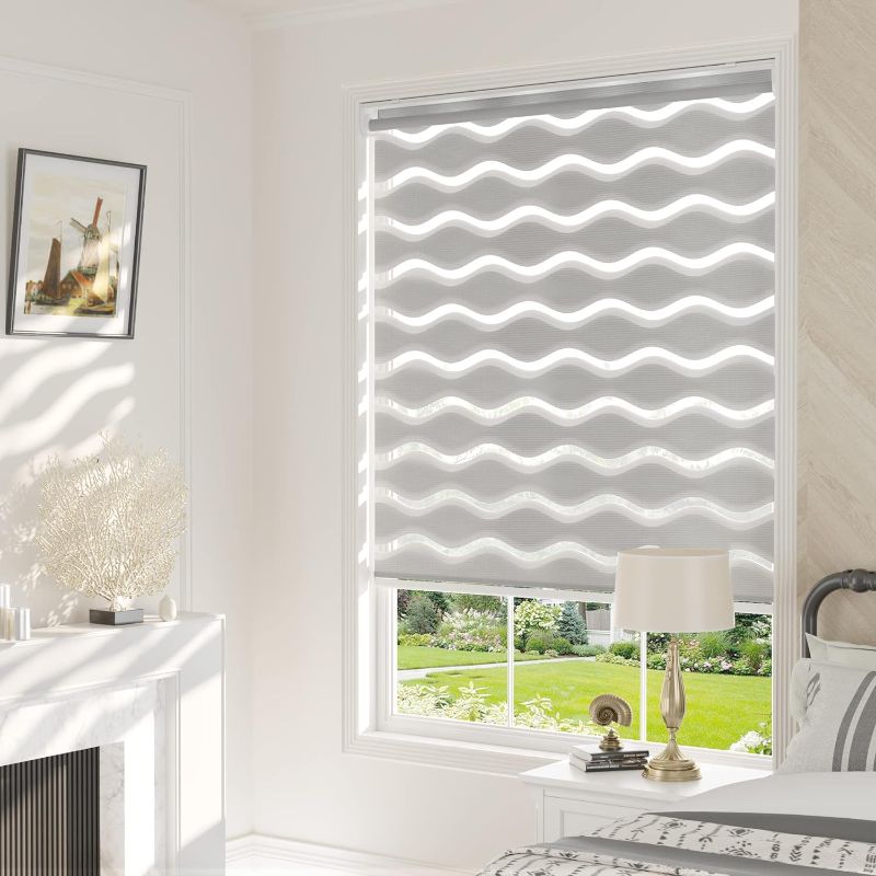 Photo 1 of LazBlinds No Tools No Drill Cordless Dual Layer Zebra Roller Blinds, Light Filtering Sheer Shades Horizontal Window Blinds for Windows Size 24'' W x 72'' H, Stone Grey Stone Grey - Light Filtering 24" W x 72" H