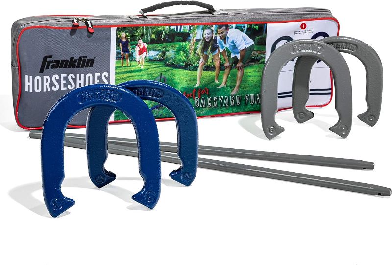 Photo 1 of Franklin Sports Horseshoes Sets - Metal Horseshoe Game Sets for Adults + Kids - Official Weight Steel Horseshoes - Beach + Lawn Horseshoes Sets - Sets Include (4) Horseshoes and (2) Ground Stakes
