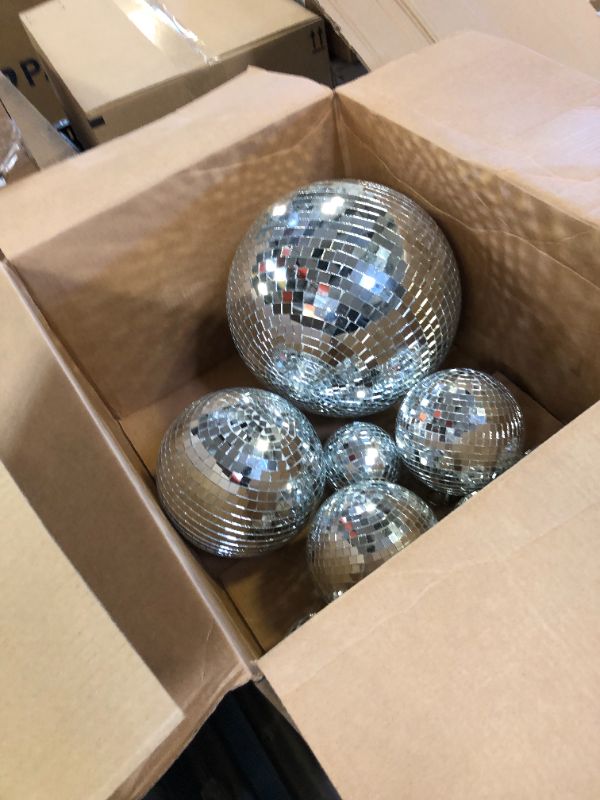 Photo 2 of 8 Pcs Large Disco Ball Set Silver Mirror Disco Balls Reflective Ball with Hanging Ring Party Hanging Ornament Decoration for Stage Club Ballroom Dance Hall Wedding Prom Props (12'', 8'', 6'', 4'')
