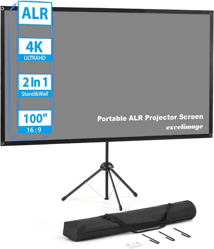 Photo 1 of Projector Screen and Stand, ALR Outdoor Projector Screen, 100 Inch 16:9, Portable Projector Screen with Stand, High Contrast, Lightweight and Compact, Easy Setup, Idea for Home Cinema, Backyard Party. ALR 100 inch