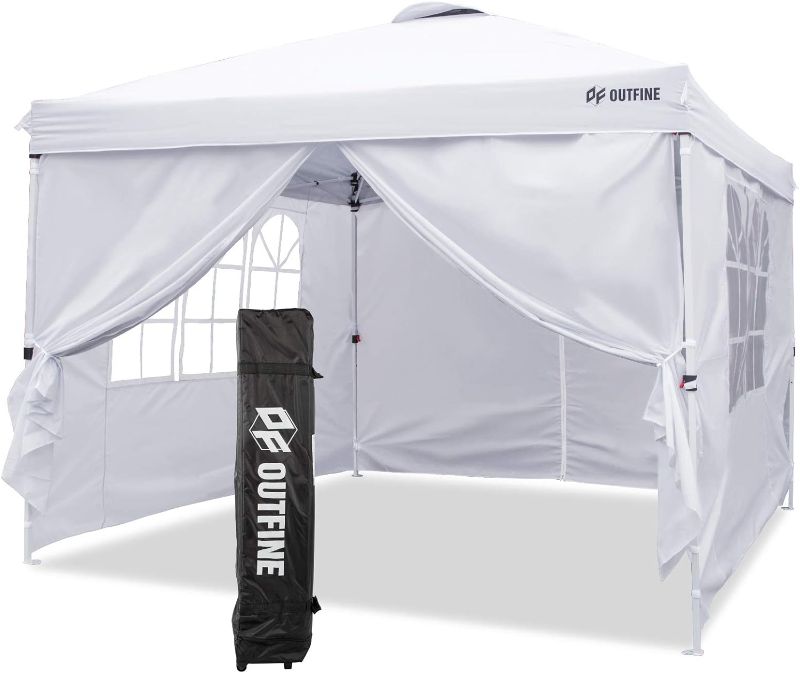 Photo 1 of OUTFINE Canopy 10'x10' Pop Up Commercial Instant Gazebo Tent, Fully Waterproof, Outdoor Party Canopies with 4 Removable Sidewalls, Stakes x8, Ropes x4 (White, 10 * 10FT)
