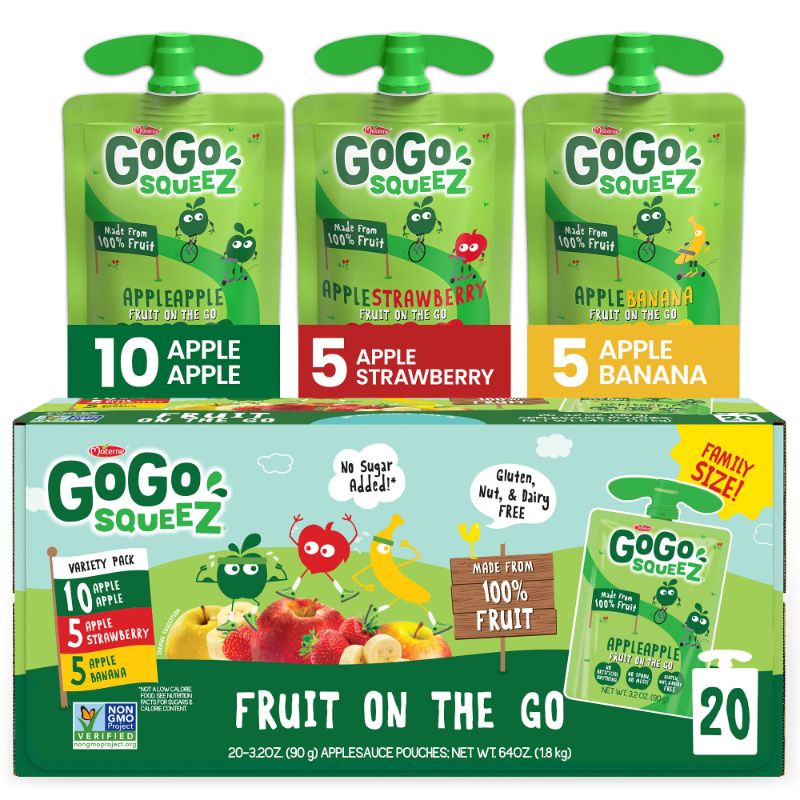 Photo 1 of GoGo squeeZ Fruit on the Go Variety Pack, Apple Apple, Apple Banana, & Apple Strawberry, - Tasty Kids Applesauce Snacks - Gluten Free Snacks for Kids - Nut & Dairy Free - Vegan Snacks, 3.2 Ounce (Pack of 20) Apple Banana Strawberry - exp date 1/28/25