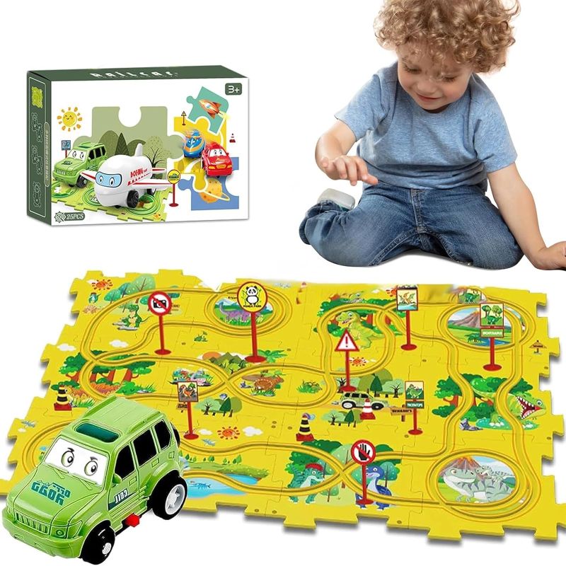 Photo 1 of 25PCS Puzzle Racer Kids Car Track Set, Dinosaur Jigsaw Puzzle Racer Car Track Set Puzzle Track Car Play Set Preschool Gifts for Kids Christmas Birthday Gift for Boys Girls
