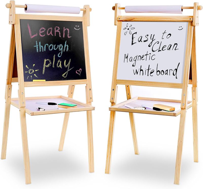 Photo 1 of Kraftic Deluxe Standing Art Easel for Kids - Toddler Drawing Chalkboard, Magnetic Whiteboard, Dry Erase Board, Paper Roll and Accessories
