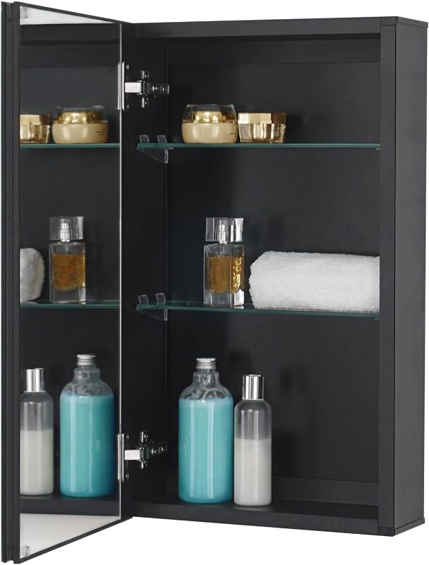 Photo 1 of Medicine Cabinet 14 x 24 inches Mirror Size, Recessed or Surface Mount, Black Aluminum Bathroom Wall Cabinet with Mirror and Adjustable Shelves.
