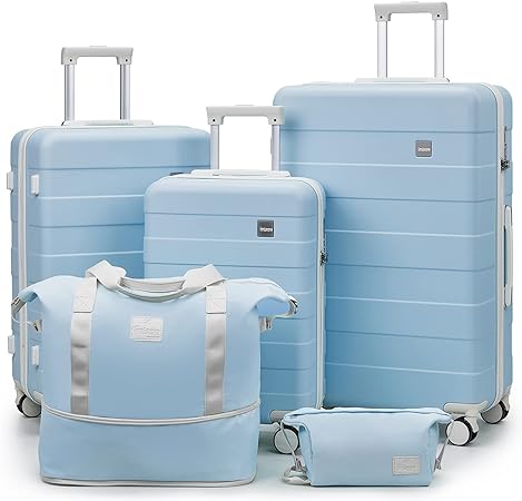 Photo 1 of imiomo 3 Piece Luggage Sets,Suitcase with Spinner Wheels,Luggage Set Clearance for Women, Lightweight Rolling Hardside Travel Luggage with TSA Lock (Blue, 5PCS)
