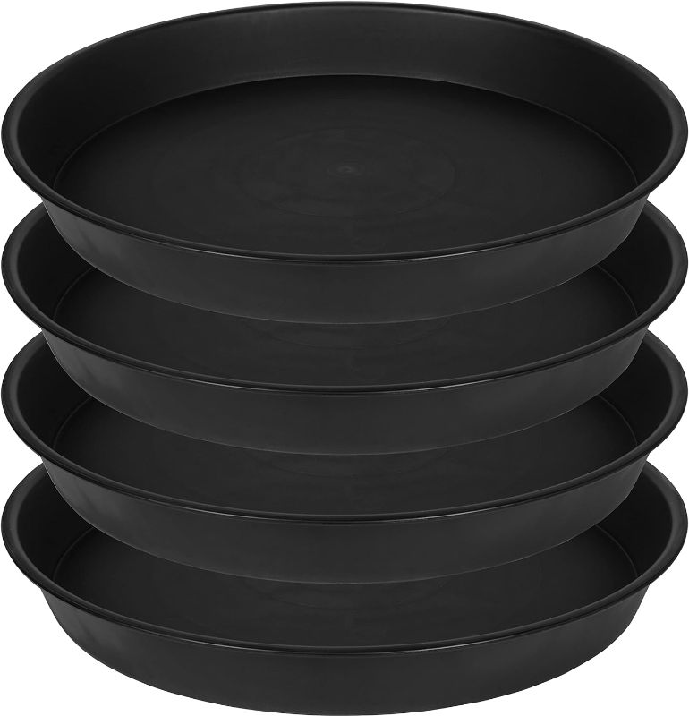 Photo 1 of Bleuhome 4 Pack of 18 19 inch Plant Saucer Drip Tray, 17 19 21 23 25 27 inch Heavy Duty Large Deep Plant Saucers for Pots, Plastic Flower Planter Water Trays for Indoors Outdoor (19", Black) 19" (4 pack) Black