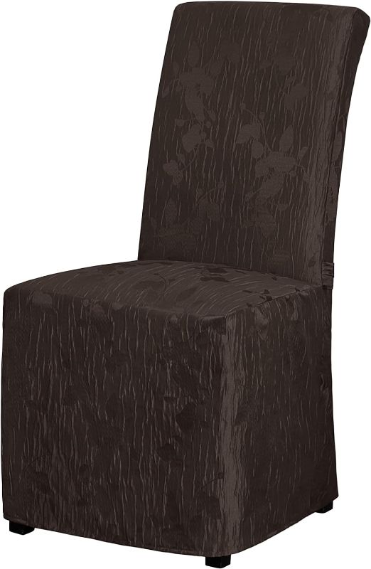 Photo 1 of Easy-Going Jacquard Dining Chair Cover Full Length Parson Chair Cover with Tie Washable Chair Cover for Dining Room, Kitchen, Hotel,Restaurant, Ceremony Universal Size (1 pc, Chocolate Vine)
