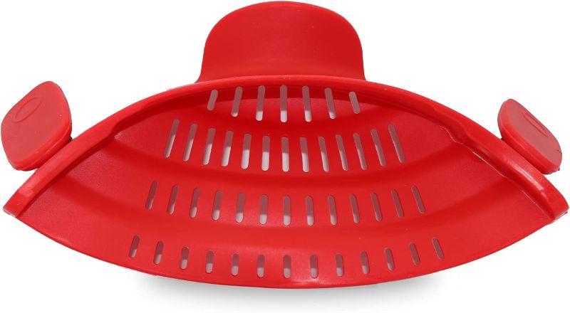 Photo 2 of Kitchen Snap N Strain Pot Strainer and Pasta Strainer - Adjustable Silicone Clip On Strainer for Pots, Pans, and Bowls - Kitchen Colander - RED
