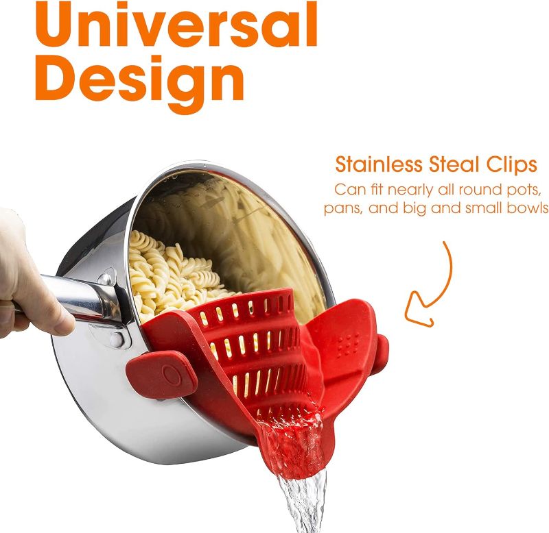 Photo 1 of Kitchen Snap N Strain Pot Strainer and Pasta Strainer - Adjustable Silicone Clip On Strainer for Pots, Pans, and Bowls - Kitchen Colander - RED
