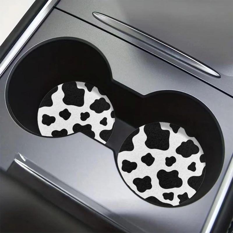 Photo 2 of 4 pack AFPANQZ Classic Cow Print Cup Coaster for Car SUVs Trucks, 4 Pack Cup Holder Coasters, Car Interior Accessories Decor 2.75" Anti Slip Absorbent Cup Mats Universal Women's Car Cup Holder Pad
