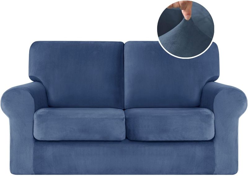 Photo 1 of 5 Pieces Velvet Stretch Loveseat Covers Sofa Cover for 2 Cushion Couch Luxury 2 Seater Couch Covers with 2 Backrest Covers and 2 Cushion Covers with Elastic Band (Navy, Medium)

