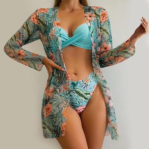 Photo 2 of Medium 3 Piece Bikini Bathing Suit for Women Fashion Printed Triangle Halter Swimsuits Swimwear with Open Front Cover Ups
