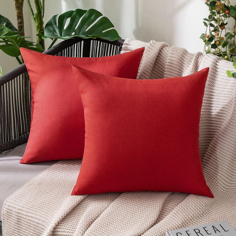 Photo 1 of MIULEE Pack of 2 Decorative Outdoor Solid Waterproof Throw Pillow Covers Linen Garden Farmhouse Cushion Cases for Patio Tent Balcony Couch Sofa 18x18 inch Red
