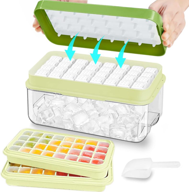 Photo 1 of Ice Cube Tray with Lid and Bin, 64 pcs Ice Tray Kit with Ice Scoop, Ice Cube Pop Out Tray, Ice Cube Trays for Freezer, Ice Cube Molds, BPA Free, Easy Release Stackble Spill-Resistant ZZWILLB (Green)
