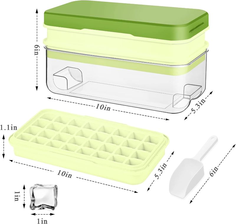 Photo 2 of Ice Cube Tray with Lid and Bin, 64 pcs Ice Tray Kit with Ice Scoop, Ice Cube Pop Out Tray, Ice Cube Trays for Freezer, Ice Cube Molds, BPA Free, Easy Release Stackble Spill-Resistant ZZWILLB (Green)
