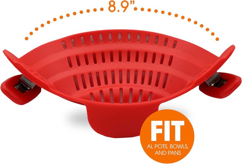 Photo 2 of Cheer Collection Silicone Clip on Pot Strainer, Heat-resistant Snap-On Strainer for Pasta, Noodles, Rice, Meats and Vegetables, Red
