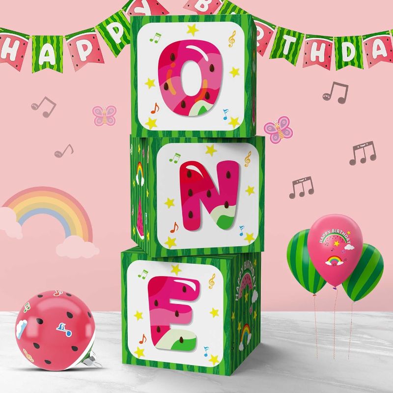 Photo 1 of Cartoon Melon 1st Birthday Balloon Boxes Decorations, 3pcs Watermelon One In A Melon Theme Party Supplies Favors Gift Boxes Blocks Decor with ONE Cake Smash Backdrop
