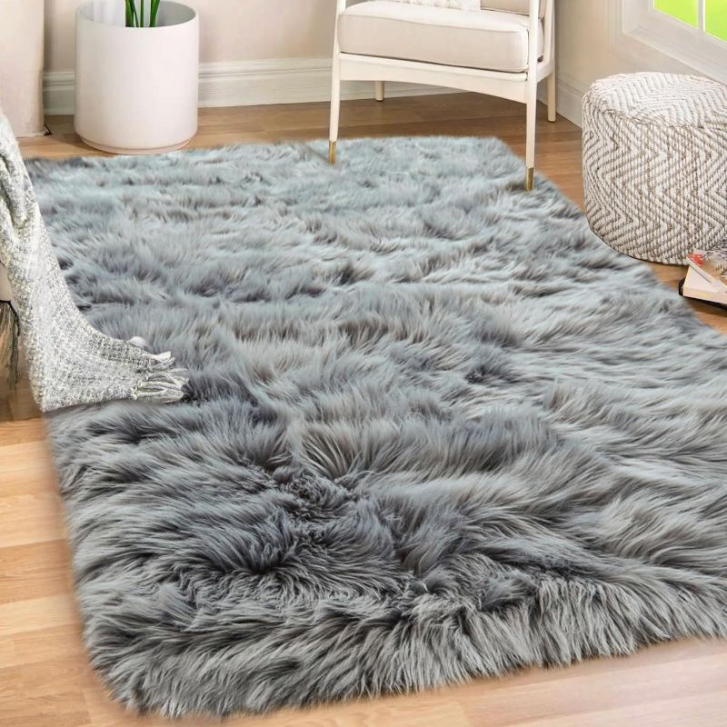 Photo 1 of Gorilla Grip Fluffy Faux Fur Rug, Machine Washable Soft Furry Area Rugs, Rubber Backing, Plush Floor Carpets for Baby Nursery, Bedroom, Living Room Shag Carpet, Luxury Home Decor, 3x5, Gray

