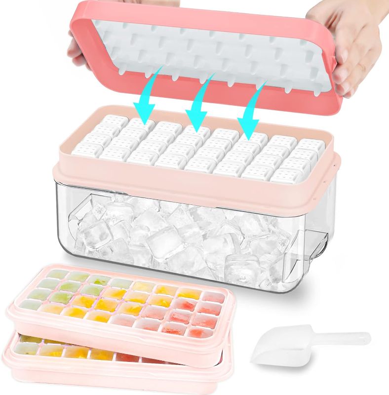 Photo 1 of Ice Cube Tray with Lid and Bin, 64 pcs Ice Tray Kit with Ice Scoop, Ice Cube Pop Out Tray, Ice Cube Trays for Freezer, Ice Cube Molds, BPA Free, Easy Release Stackble Spill-Resistant ZZWILLB (Pink)
