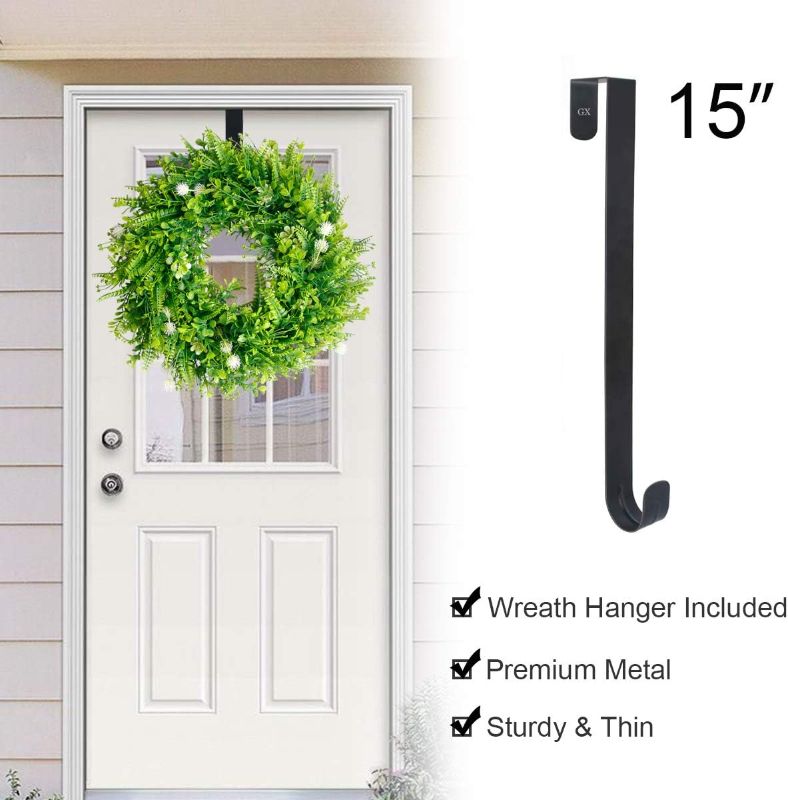 Photo 2 of Wreath for Front Door - 20" Artificial Green Farmhouse Wreaths + 15" Wreath Hanger for Front Door Wall Hanging Decor Greenery Wreath for All Seasons Decorating
