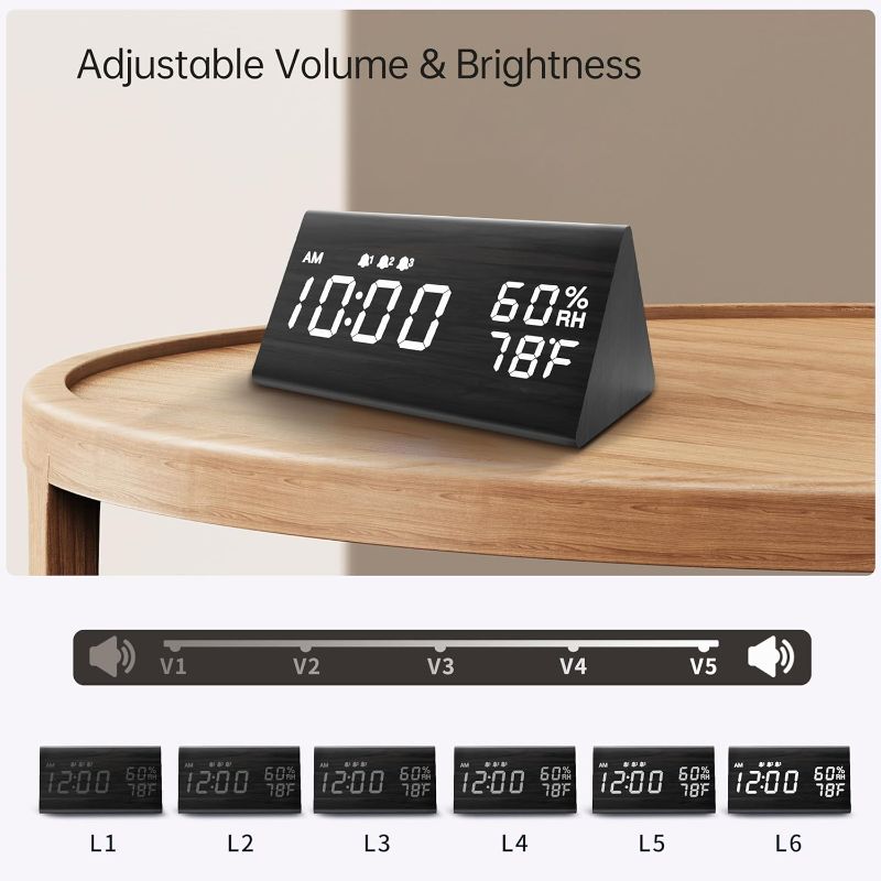 Photo 2 of Digital Alarm Clock, with Wooden Electronic LED Time Display, 3 Alarm Settings, Humidity & Temperature Detect, Wood Made Electric Clocks for Bedroom, Bedside (Black)
