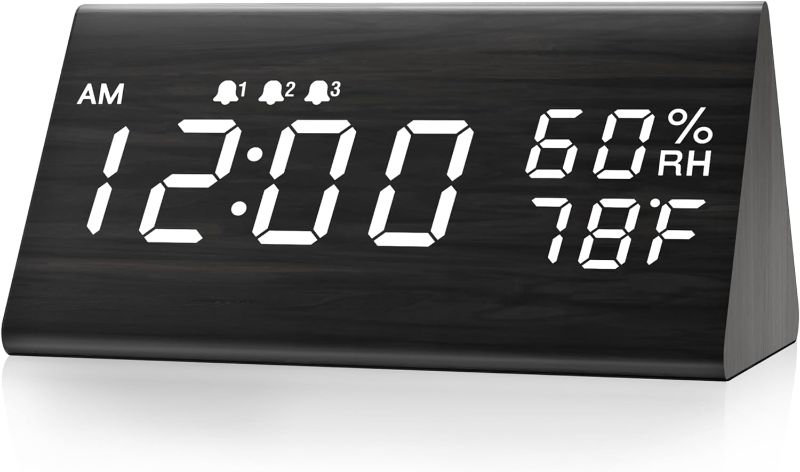 Photo 1 of Digital Alarm Clock, with Wooden Electronic LED Time Display, 3 Alarm Settings, Humidity & Temperature Detect, Wood Made Electric Clocks for Bedroom, Bedside (Black)
